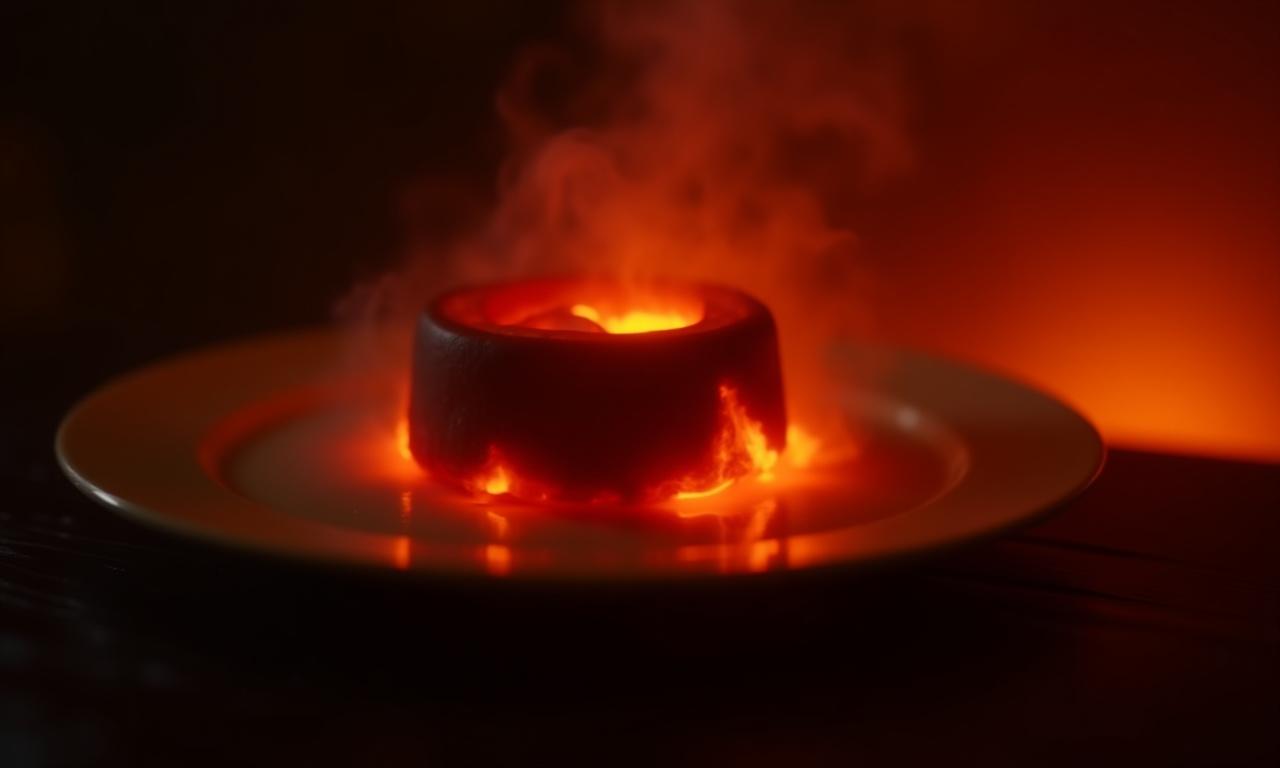 Piatto gourmet con effetto fumo, ispirato a un vulcano