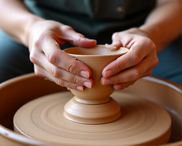 Artisan shaping ceramic wellness pieces on pottery wheel